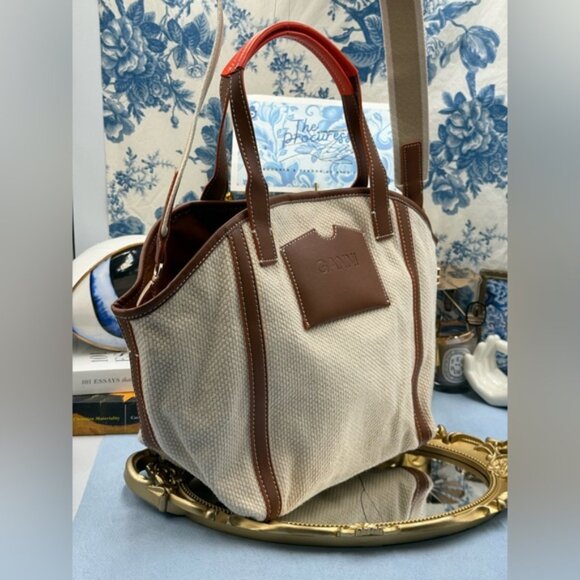 🆕 GANNI 🧿 NWT Small Banner Tote, Egret Cream Canvas & Tan Leather - Picture 3 of 14